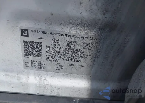 2020 Chevrolet Trax Fwd Lt z USA, uszkodzony, nr VIN 3GNCJLSB3LL301905